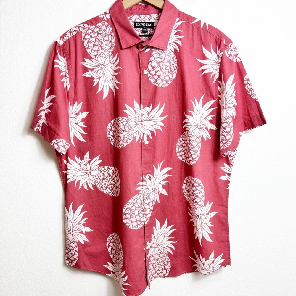 EXPRESS PINEAPPLE MEN SHORT SLEEVE RED WHITE BUTTON UP SIZE XL SHIRT BRAND NEW